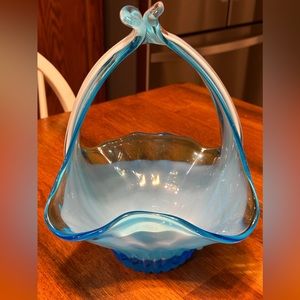 Vintage Viking Bluenique Glass Basket, Viking Glass Drape Bowl